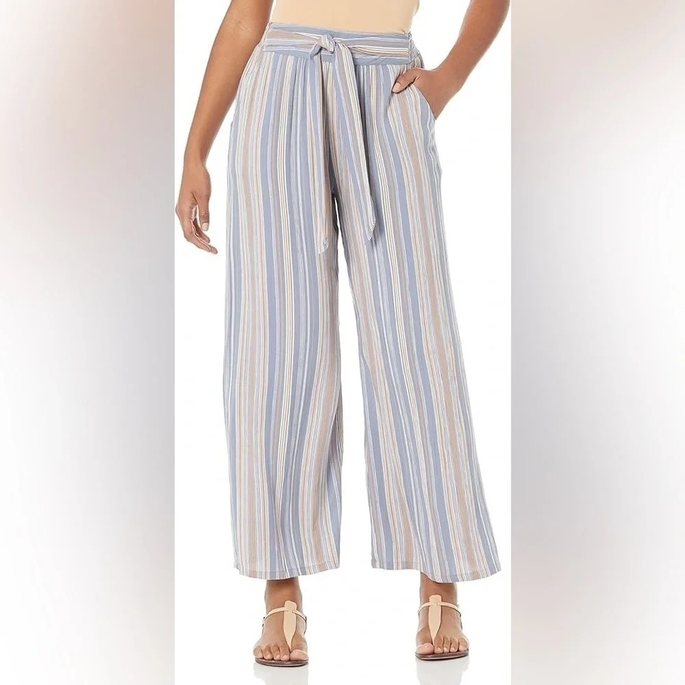 NWT ANGIE Womens Striped Wide Leg Pants with Tie Large Blue - Picture 1 of 11